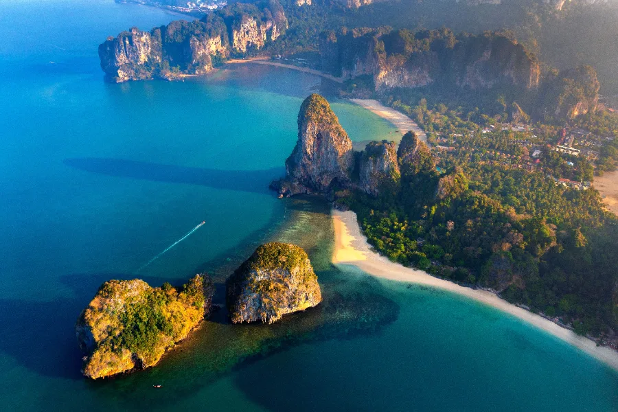 Aerial view of the limestone karsts and beaches of Krabi